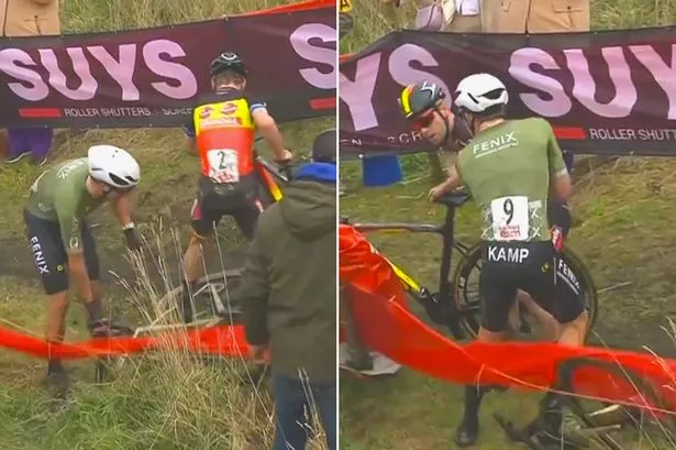 Cyclist attempts to break rivals bike during furious bust-up as fans want him banned