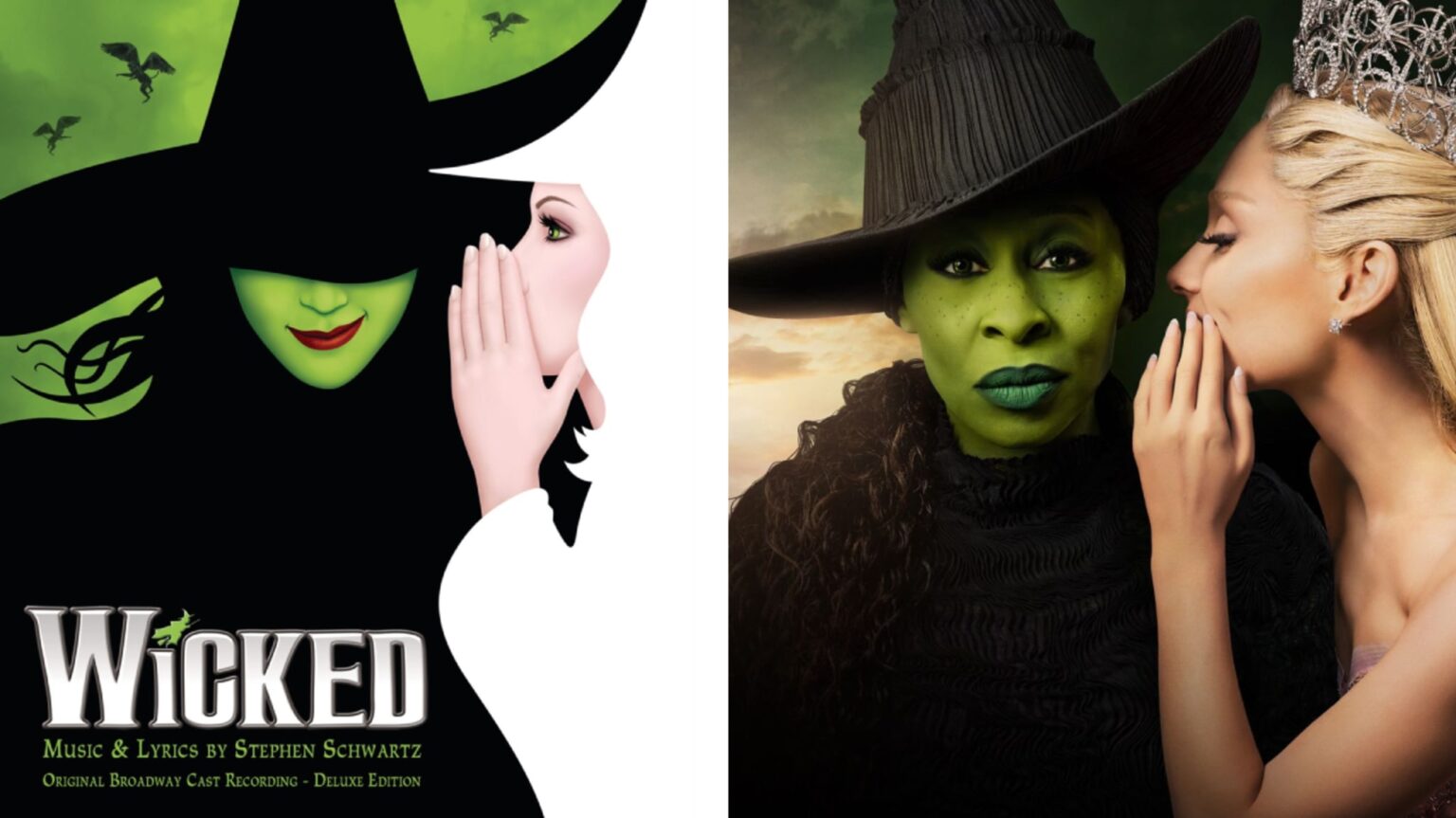 Split image. Left: Broadway poster of Wicked musical. Right: Cynthia Erivo and Ariana Grande in costume recreating the poster.