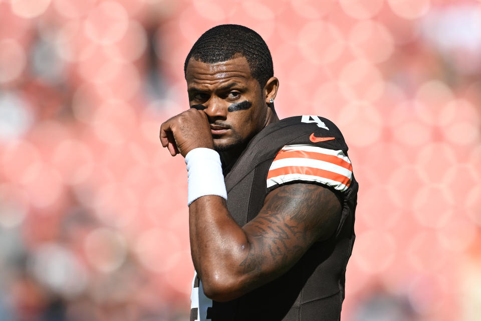 CLEVELAND, OHIO - OCTOBER 20: Deshaun Watson #4 of the Cleveland Browns looks on during warmups before a game against the Cincinnati Bengals  at Huntington Bank Field on October 20, 2024 in Cleveland, Ohio. (Photo by Nick Cammett/Getty Images)