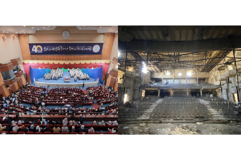 Two photos side by side showing the conference hall of IUG, in one photo it is full of students in graduation gowns, in the other it is ruined, blackened by fire