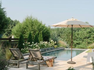 hydrangeas, plunge pool and umbrella in shady backyard