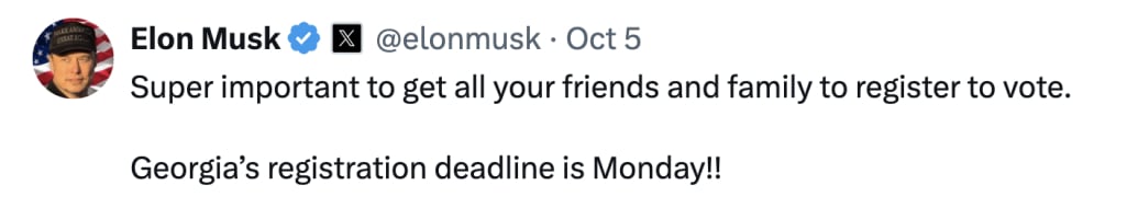 Elon Musk posts about registering to vote