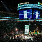 The No. 18 NBA championship banner raises into the rafters of TD Garden to commemorate the Boston Celtics 2024 NBA title.