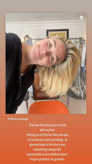 Florence Pugh holding her head to the side to show off her blond hair with writing at the bottom discussing it was the last picture before she shaved her head.