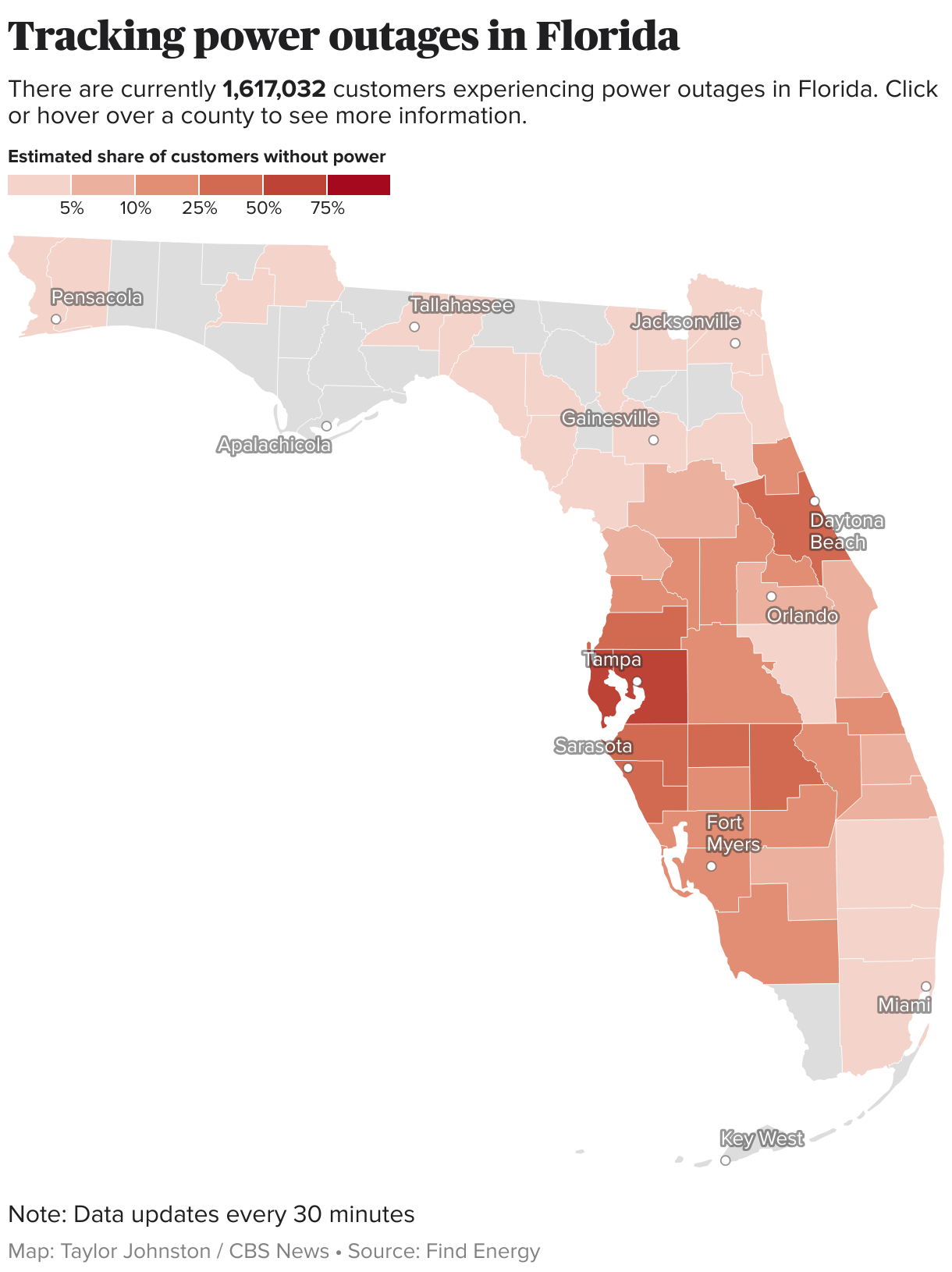 Map of the state of Florida showing the estimated share of customers without power using data from Find Energy.