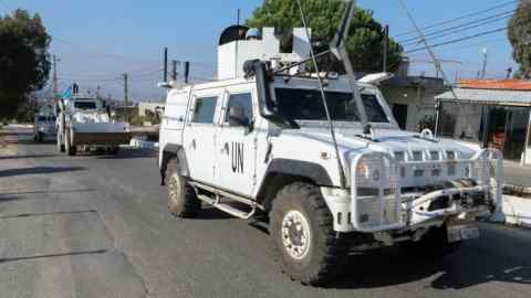 UN peacekeepers (Unfil) vehicles drive in Marjayoun, near the border with Israel