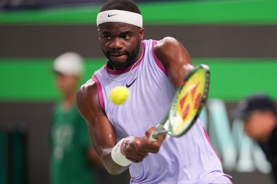 Frances Tiafoe was heated after a receiving a time violation during a critical juncture of Tuesday's match at the Shanghai Masters. (Xu Yanan/Xinhua via Getty Images)