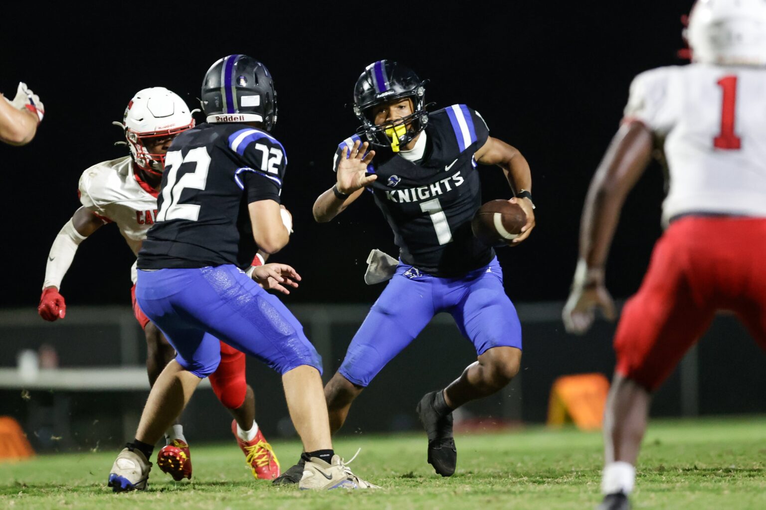 Montgomery Catholic's Kingston Preyear (1) runs with the ball during a high school football game against Carroll Friday, Oct. 4, 2024, in Montgomery, Ala. (Stew Milne | preps@al.com)