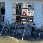 A portion of the gangway which collapsed Saturday afternoon remains visible on Sapelo Island in McIntosh county, Ga., Sunday, Oct. 20, 2024.