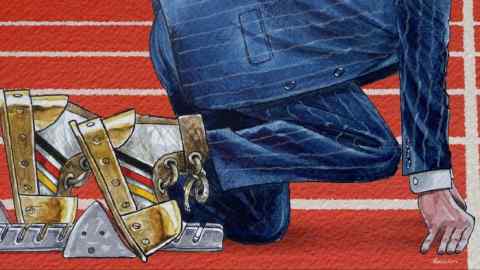 James Ferguson illustration of a person in a suit and trainers kneeling at the starting block on an athletics track.