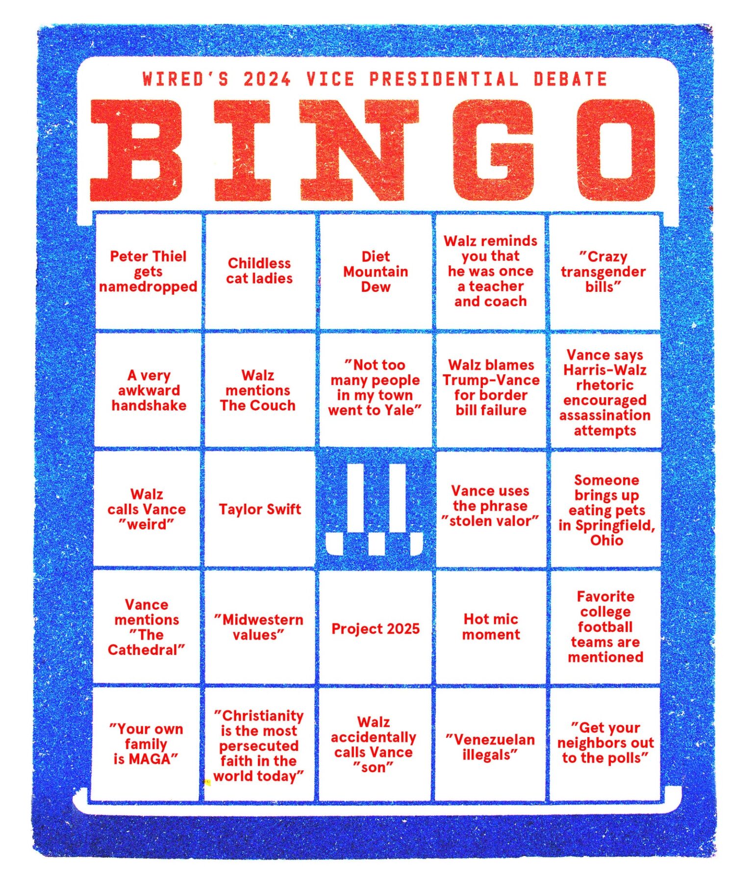 A written bingo card with jokes pertaining to the 2024 election