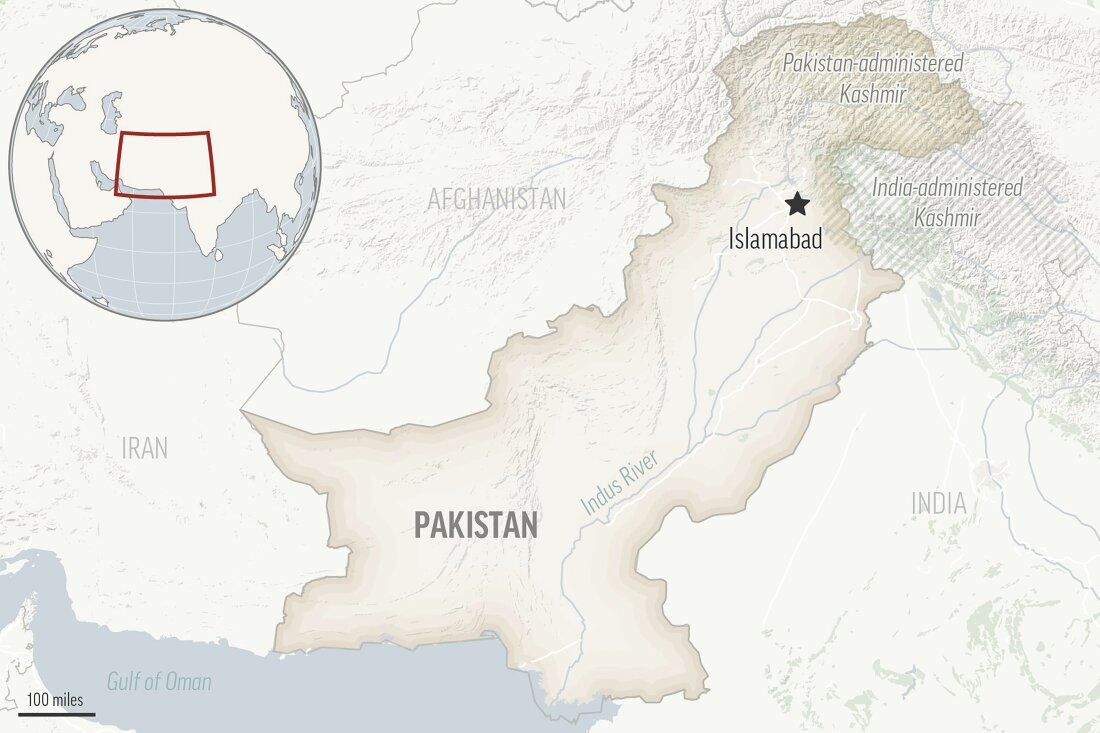 This is a locator map for Pakistan with its capital, Islamabad, and the Kashmir region.