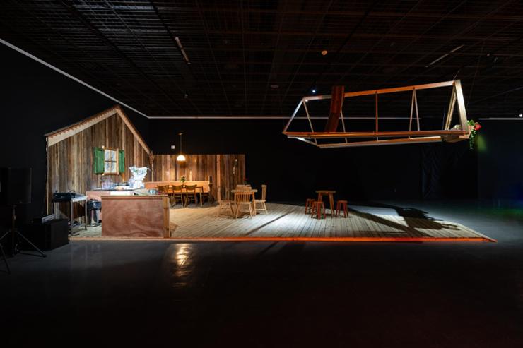 Longega Project’s “Wooden Hut” exhibited at the German Pavilion of the 15th Gwangju Biennale in Gwangju, Sept. 7. Photo by Choi Jin Woong, courtesy of PLATFORM Munich