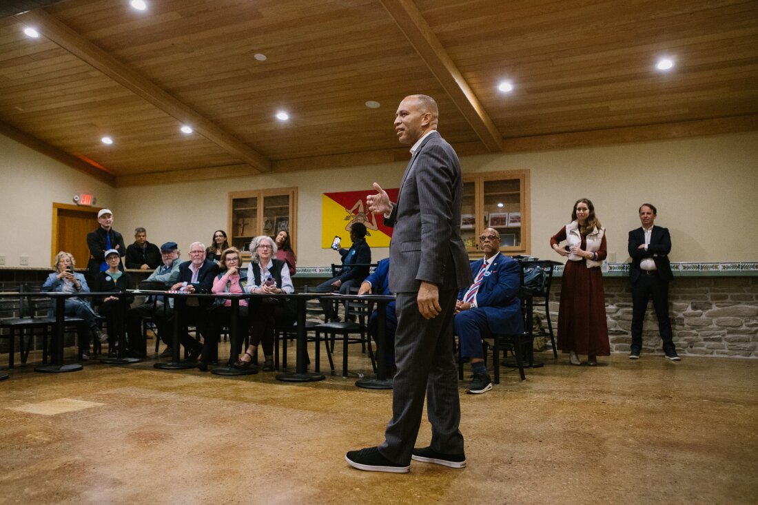 House Minority Leader and Leader of the House Democratic Caucus, Hakeem Jeffries, speaks to campaign volunteers for Susan Wild, the US Representative for Pennsylvania’s 7th District, at the Italian Center in Williams Township, Pennsylvania, on Thursday, October 10, 2024.