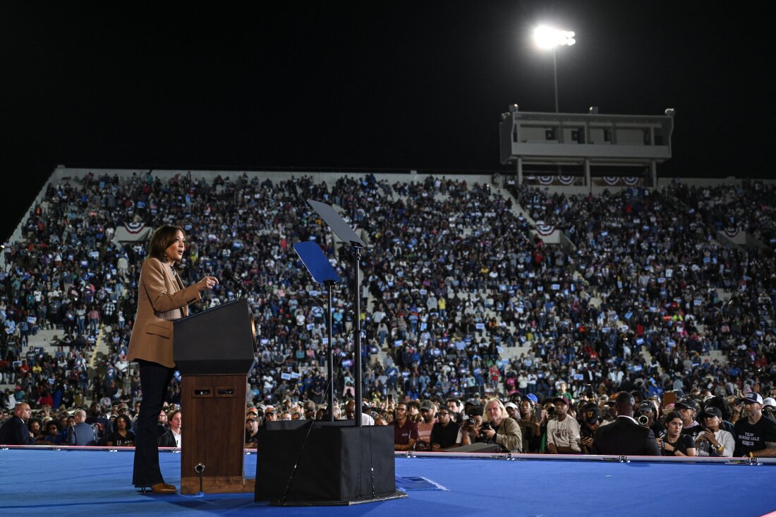 Vice President Harris speaks during a campaign rally in Georgia on Thursday. On Friday, she travels to Houston for a rally with Beyoncé.