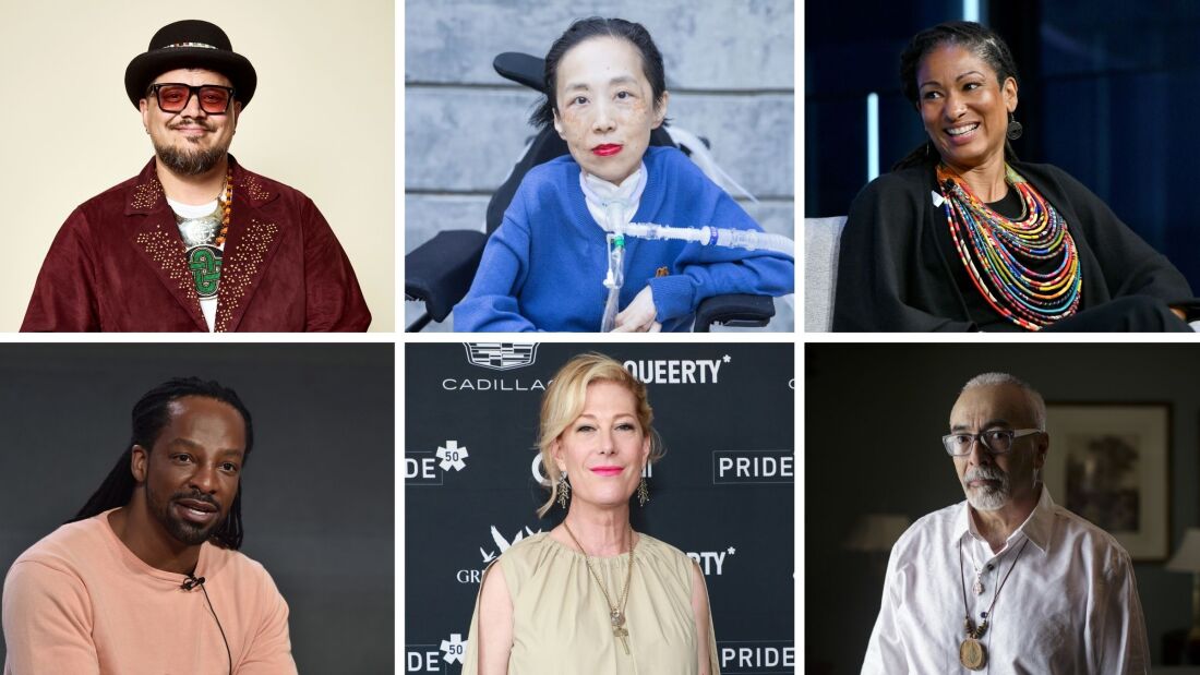 There are 22 MacArthur fellows this year. They include (clockwise from left) filmmaker Sterlin Harjo, disability justice activist Alice Wong, scholar and writer Ruha Benjamin, poet and educator Juan Felipe Herrera, artist and performer Justin Vivian Bond, and poet Jericho Brown.