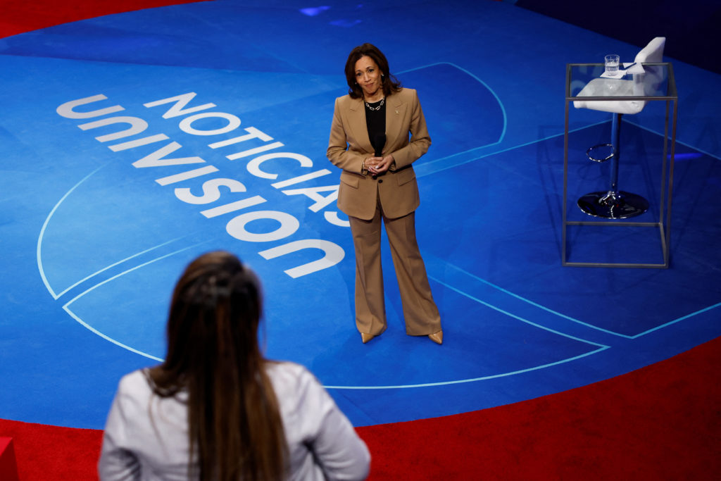 U.S. Vice President and Democratic presidential nominee Harris participates in a town hall presented by Spanish-language n...