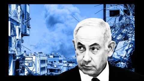 A montage of Benjamin Netanyahu with bombed buildings in Gaza in the background