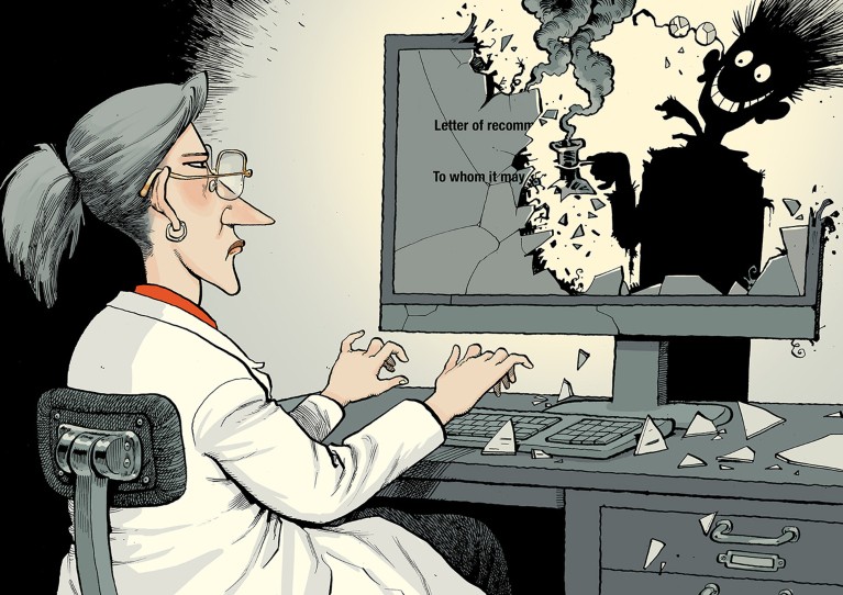 Cartoon showing a scientist typing at a computer with the monitor partially destroyed and the silhouette of a person behind holding a smoking experiment.