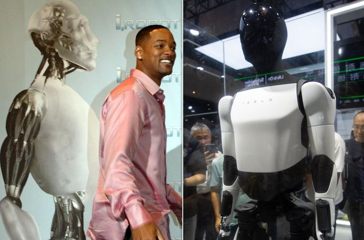 Photos show an "I, Robot" design beside actor Will Smith, left, and a Tesla robot.