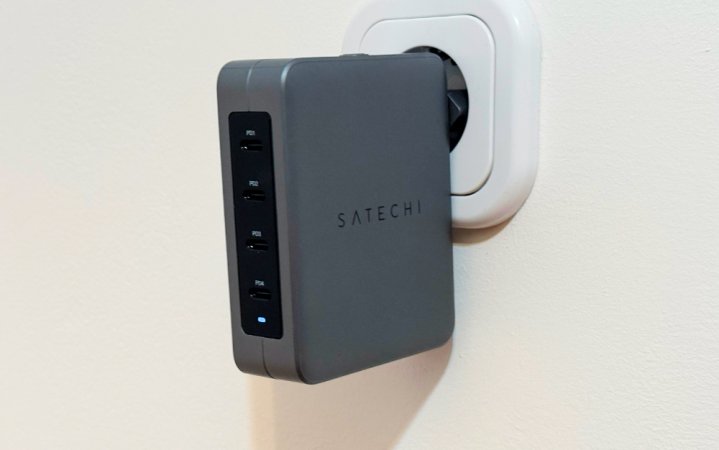 Satechi GaN Travel Charger plugged into an outlet.