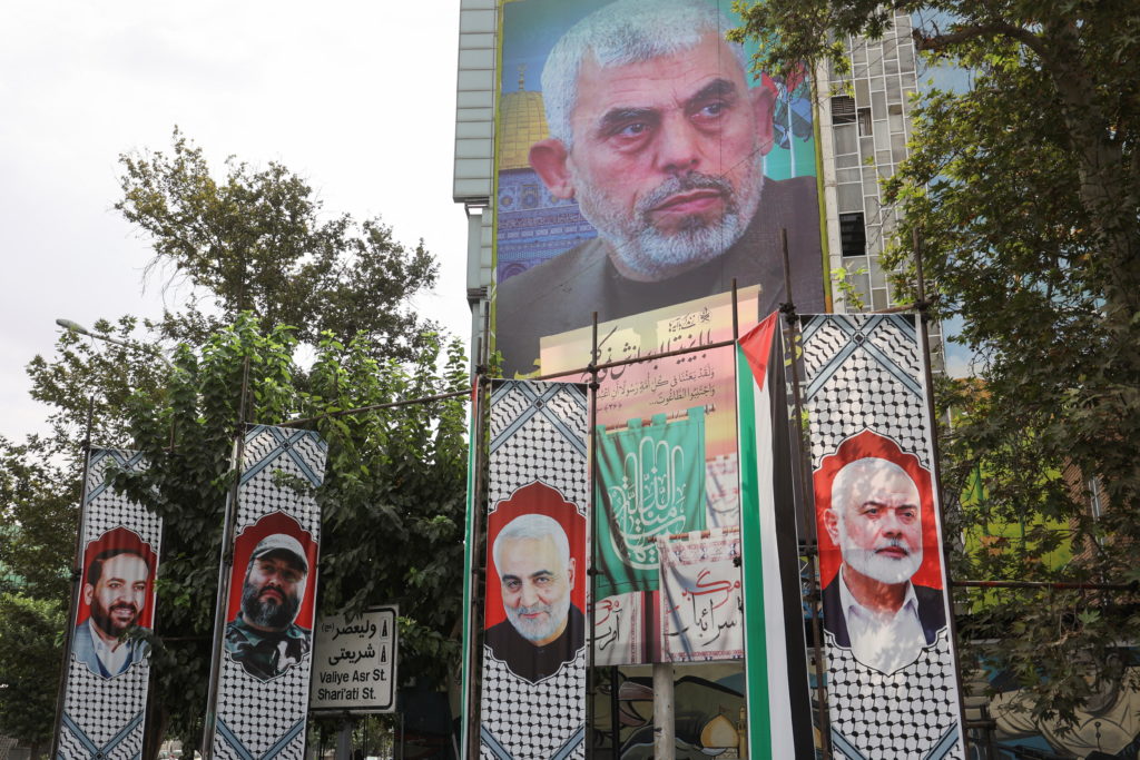 A billboard with a picture of newly appointed Hamas leader Yahya Sinwar is displayed