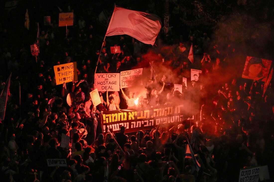 People protest against Prime Minister Benjamin Netanyahu's government and call for the release of hostages held in the Gaza Strip by the Hamas militant group, in Tel Aviv, Israel, Saturday, Oct. 19, 2024.