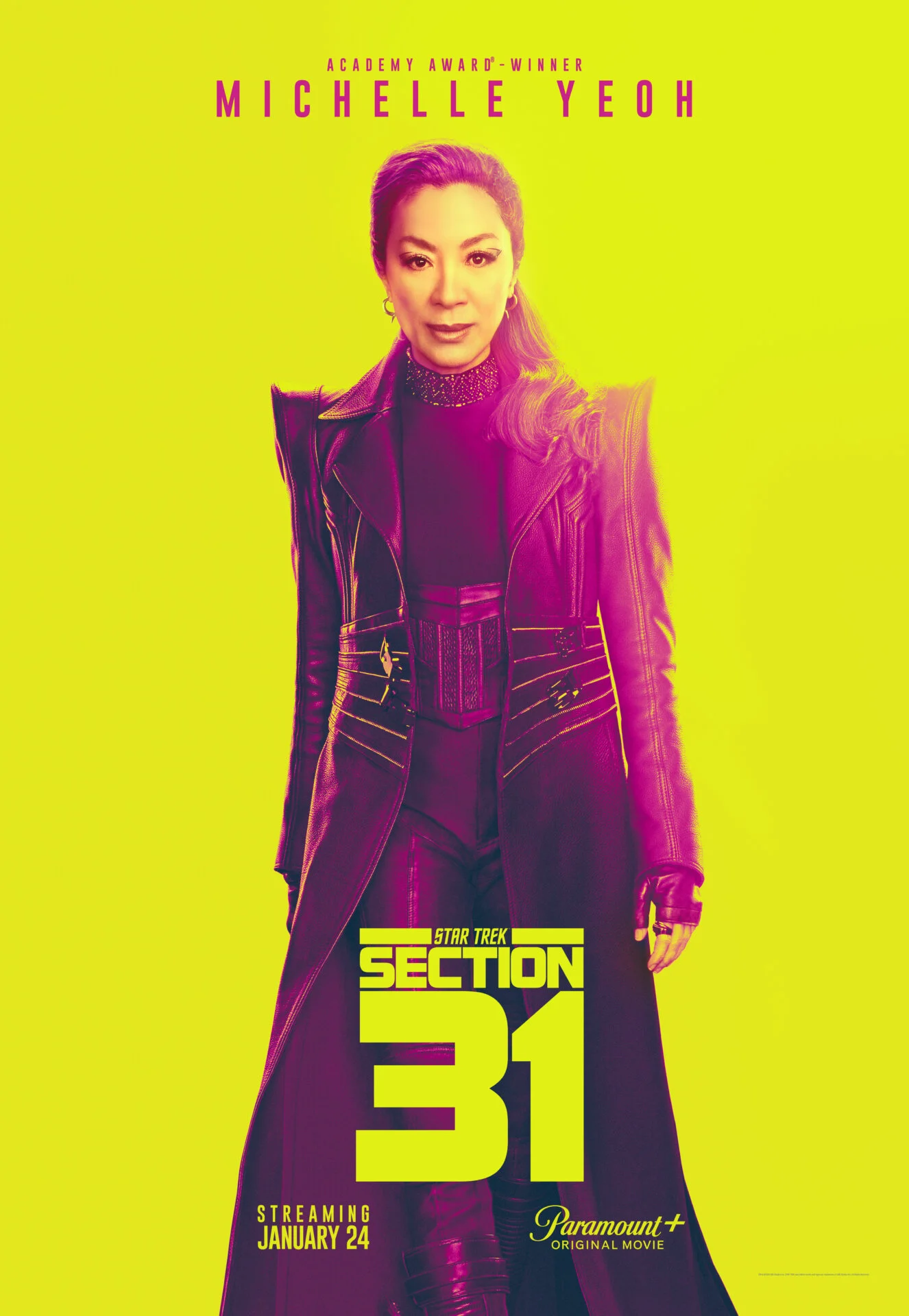 poster art for Section 31 featuring Michelle Yeoh in striking purple outfit against yellow background