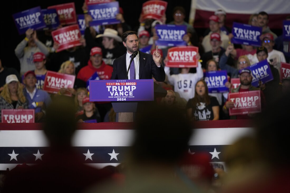 Republican vice presidential nominee Sen. JD Vance, R-Ohio, speaks during a campaign event, Wednesday in Williamsport, Pa.