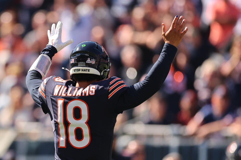 CHICAGO, ILLINOIS - OCTOBER 06: Caleb Williams #18 of the Chicago Bears celebrates a touchdown against the Carolina Panthers at Soldier Field on October 06, 2024 in Chicago, Illinois. (Photo by Michael Reaves/Getty Images)