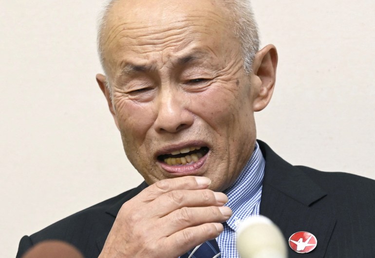 Nihon Hidankyo co-chair Toshiyuki Mimaki, who survived the 1945 atomic bombing of Hiroshima, reacts as he attends a news conference after the 2024 Nobel Peace Prize winner was announced in Hiroshima, Japan October 11