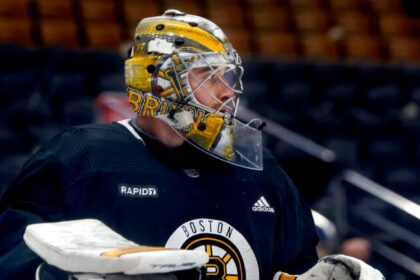 Boston Bruins goaltender Jeremy Swayman (1) during practice the day before they play the Toronto Maple Leafs during the NHL Playoffs in game 4, of round 1, on Saturday night at Scotiabank Arena.