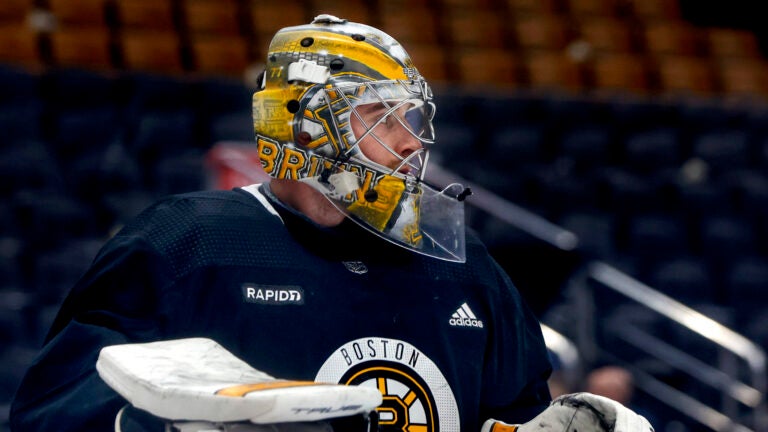 Boston Bruins goaltender Jeremy Swayman (1) during practice the day before they play the Toronto Maple Leafs during the NHL Playoffs in game 4, of round 1, on Saturday night at Scotiabank Arena.