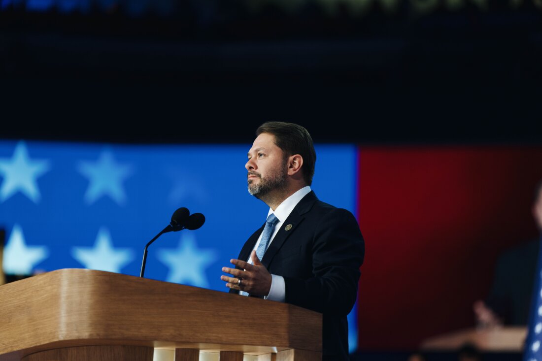 Ruben Gallego speaks on August 22, 2024, the final night of the DNC.