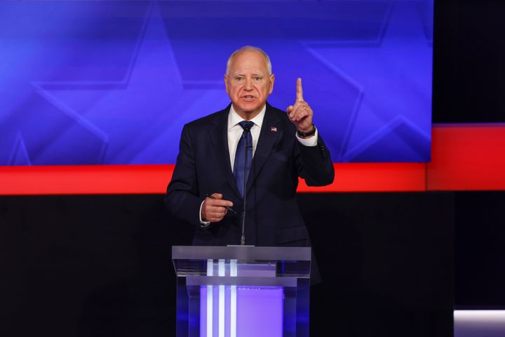 Gov. Tim Walz at the 2024 vice presidential debate hosted by CBS, and moderated by Norah O'Donnell and Margaret Brennan on Tuesday.