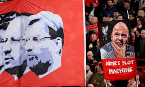 Liverpool FC v Bologna FC 1909 - UEFA Champions League 2024/25 League Phase MD2<br>LIVERPOOL, ENGLAND - OCTOBER 02: Fans hold up banners of Arne Slot, Manager of Liverpool, and previous managers during the UEFA Champions League 2024/25 League Phase MD2 match between Liverpool FC and Bologna FC 1909 at Anfield on October 02, 2024 in Liverpool, England. (Photo by Carl Recine/Getty Images)