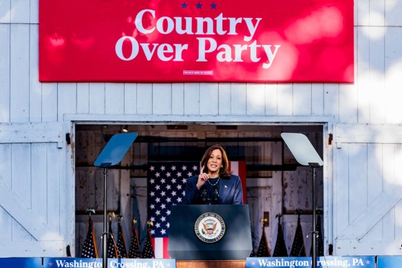 Vice President Kamala Harris during a campaign event at Washington Crossing Historic Park, Pennsylvania.