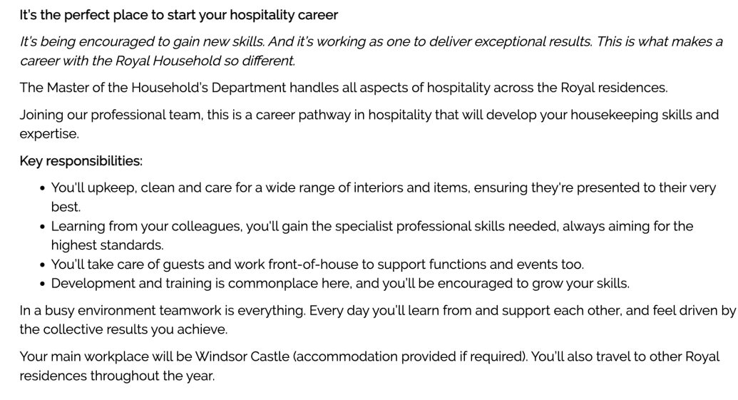 A job description for a housekeeping position with The Royal Household.