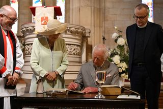 King Charles III and Queen Camilla arrive to attend a service at St. Thomas's Anglican Church on October 20, 2024 in Sydney, Australia.