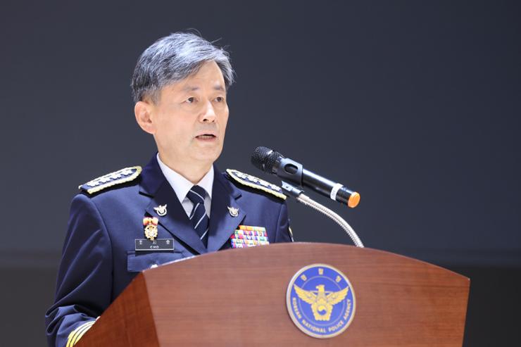 The head of the Seoul Metropolitan Police Agency Cho Ji-ho speaks during an inauguration ceremony in Seodaemun District, Seoul, Aug. 12. Yonhap