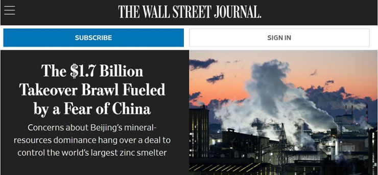 This captured image shows the Wall Street Journal’s  news article about Korea Zinc's ownership battle. Captured from WSJ homepage