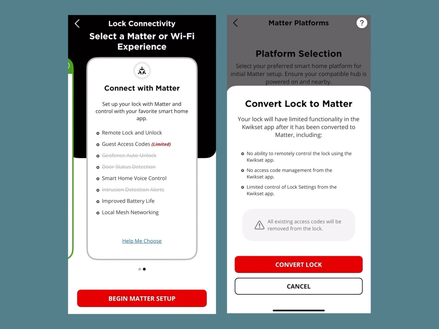 Screenshots from the Kwikset Halo Select app to control an an electronic door lock and keypad