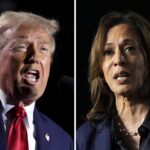 This combination of file photos shows former President Donald Trump, left, speaking at a campaign rally, Oct. 18, in Detroit, and Vice President Harris, speaking at a campaign rally in Green Bay, Wisconsin, on Oct. 17.