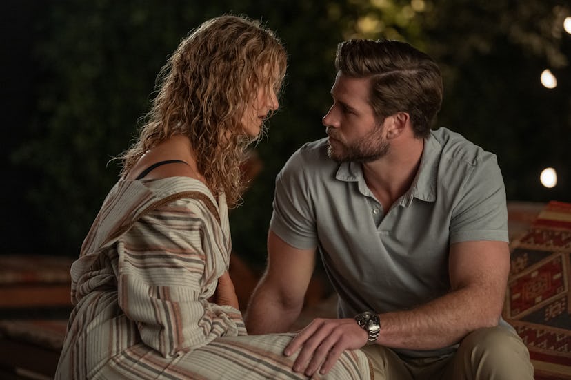 Laura Dern and Liam Hemsworth in Lonely Planet. Photo via Netflix