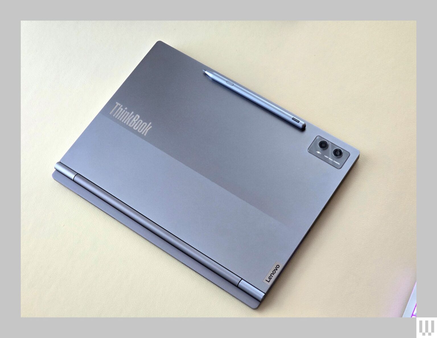 Top view of Lenovo ThinkBook Plus a tablet and keyboard combination connected and closed like a laptop showing the...