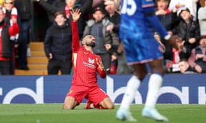 English Premier League - Liverpool vs Chelsea<br>epa11671505 Mohamed Salah of Liverpool reacts during the English Premier League match between Liverpool FC and Chelsea FC in Liverpool, Britain, 20 October 2024.  EPA/ADAM VAUGHAN EDITORIAL USE ONLY. No use with unauthorized audio, video, data, fixture lists, club/league logos, 'live' services or NFTs. Online in-match use limited to 120 images, no video emulation. No use in betting, games or single club/league/player publications.