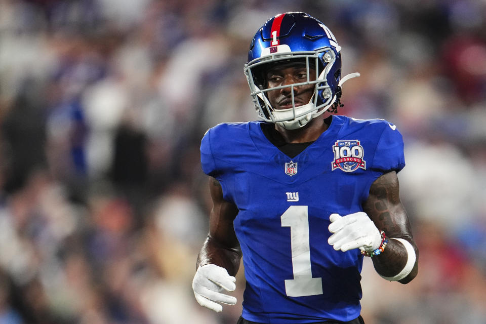 EAST RUTHERFORD, NJ - SEPTEMBER 26: Malik Nabers #1 of the New York Giants lines up before the snap during an NFL football game against the Dallas Cowboys at MetLife Stadium on September 26, 2024 in East Rutherford, New Jersey. (Photo by Cooper Neill/Getty Images)