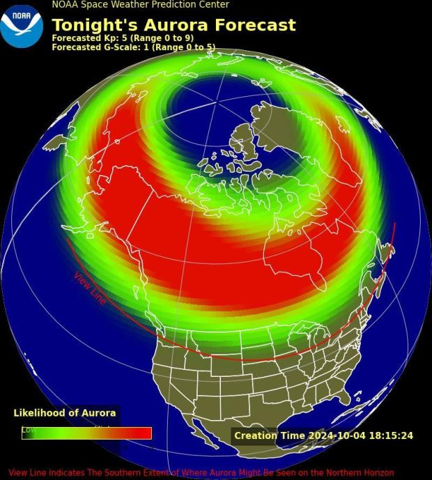 A map from the Space Weather Prediction Center shows the aurora forecast for the U.S. on Oct. 4, 2024.