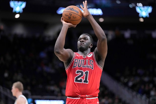 Chicago Bulls' Adama Sanogo shoots a free throw against the Milwaukee Bucks during the second half of an NBA preseason basketball game Monday, Oct. 14, 2024, in Milwaukee. (AP Photo/Kayla Wolf)