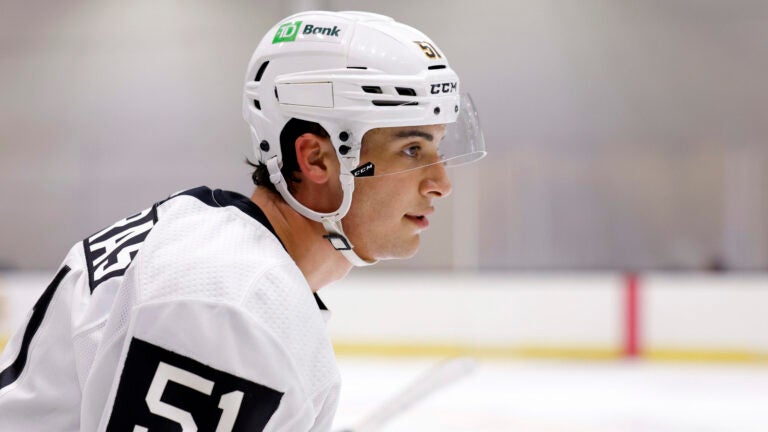 Boston Bruins’ Matt Poitras (51) participates in the first day of the Boston Bruins development camp at the Warrior Ice Arena on Monday.